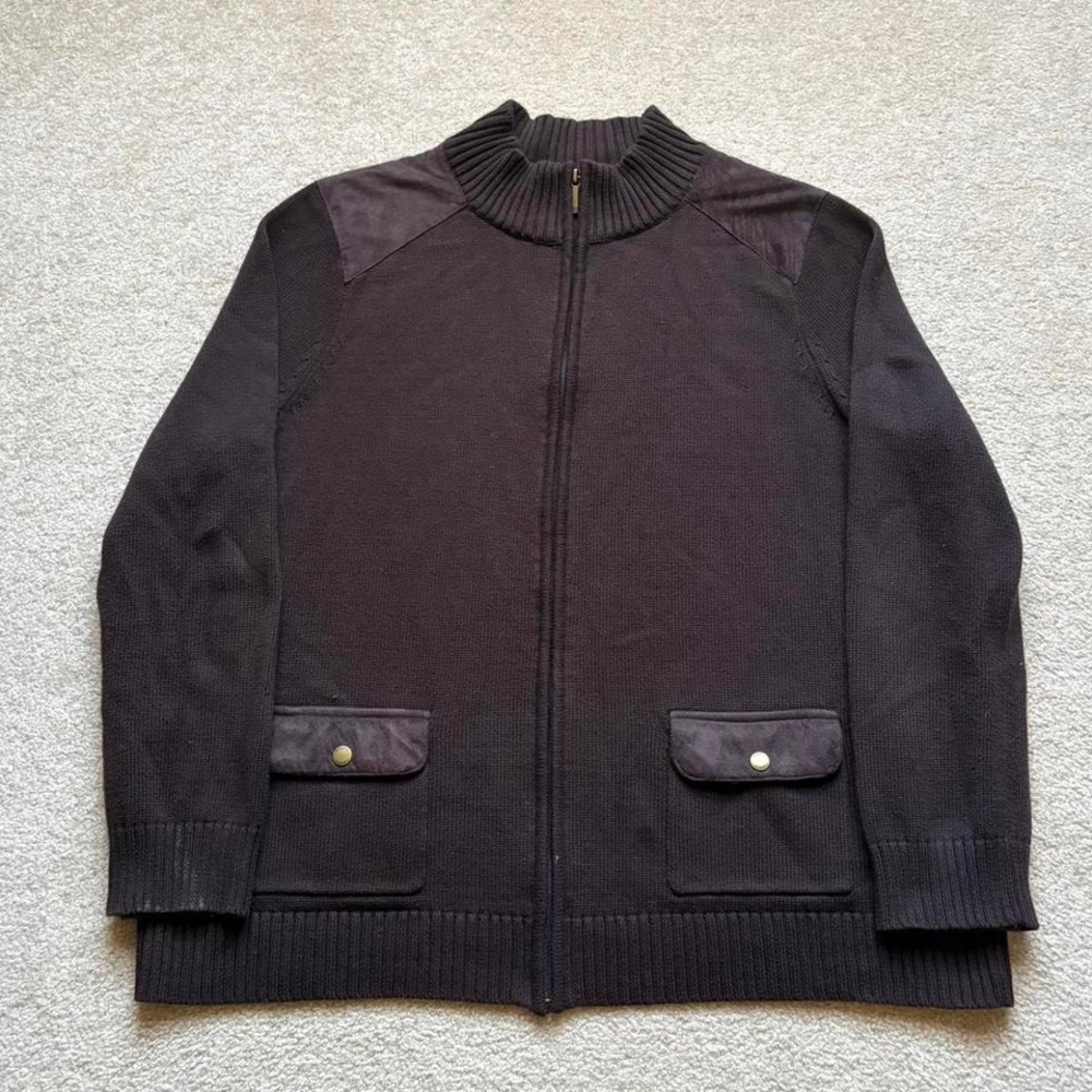 Chaps Brown Knit Zip Up Cardigan‎ Sweater Women's XXL Snap Pocket Cozy Soft Boho